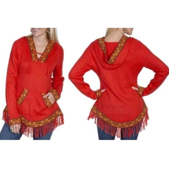Scully Alpaca Blend Knit Sweater Womens M Orange Brown Hooded Aztec Fringe - Picture 4 of 12